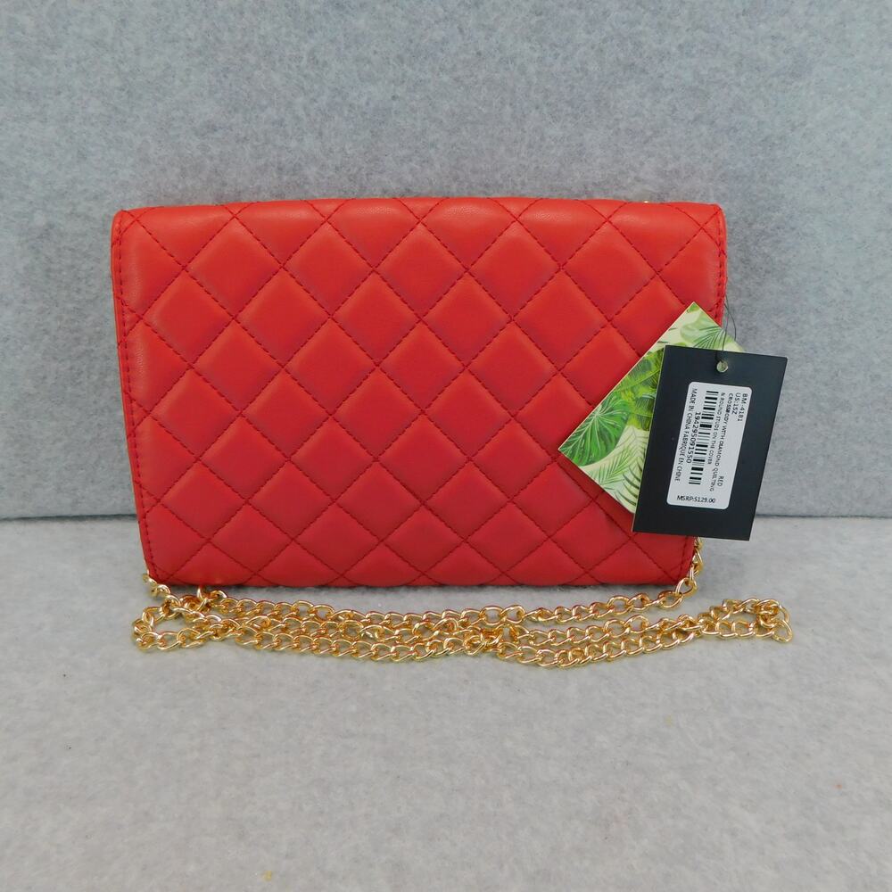 Badgley Mischka Red Diamond Quilted  Round Studs Crossbody Bag Vegan Leather - Picture 7 of 9